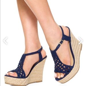 Blue Crochet Wedge Sandals